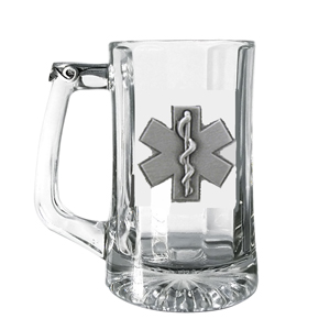 Beer Tankard - EMS, Glass with Pewter Thumbprint.