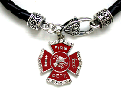 Necklace - Leatherette Firefighter Maltese Cross