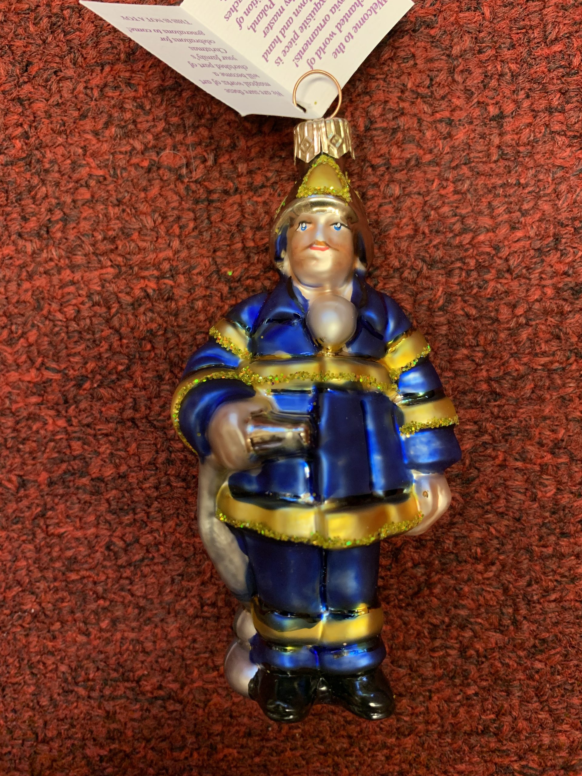 Ornament - Large Blue Firefighter, Glass