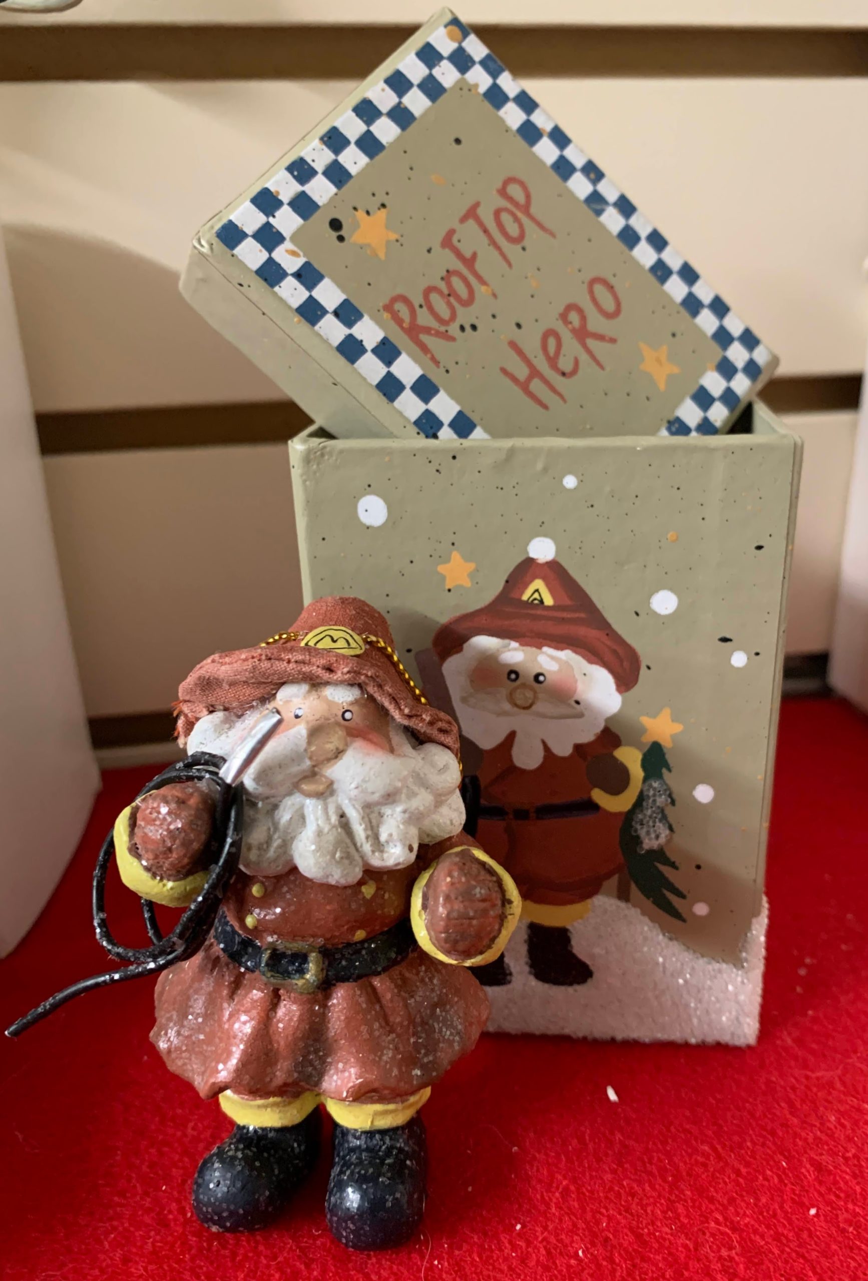 Ornament - Rooftop Hero, Firefighter Santa w/Gift Box